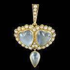 Antique Victorian Moonstone Pearl Double Heart Pendant 18ct Gold 