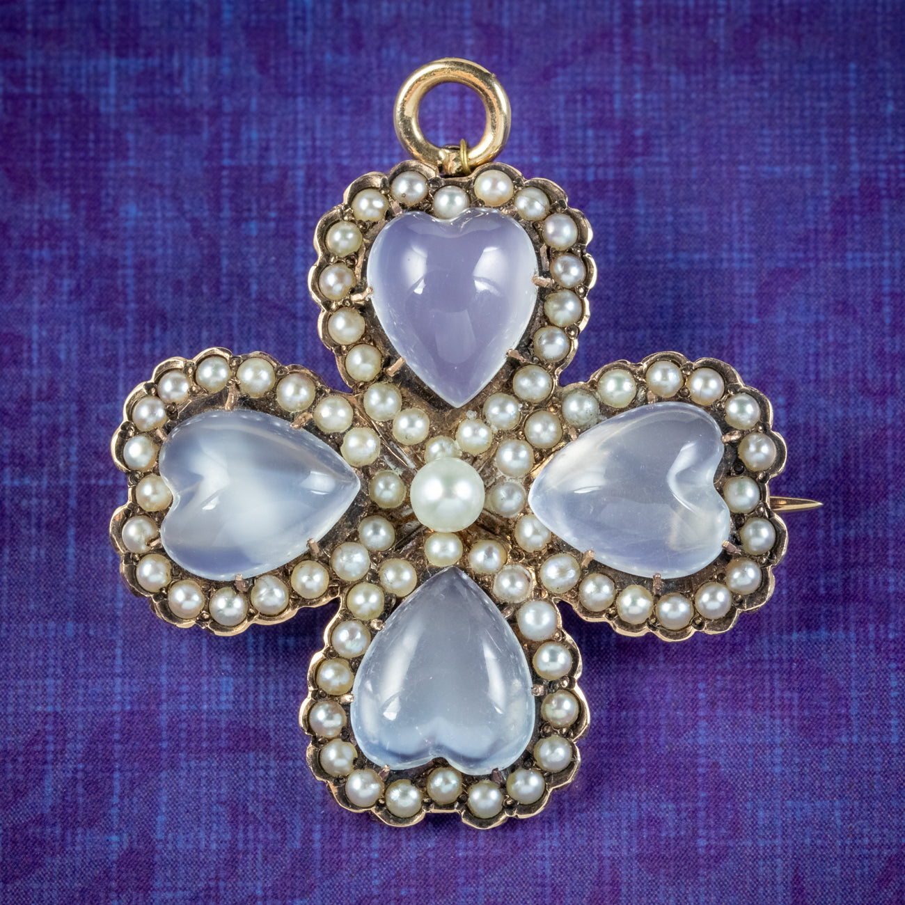 Antique Victorian Moonstone Pearl Heart Four Leaf Clover Brooch 15ct Gold Main image