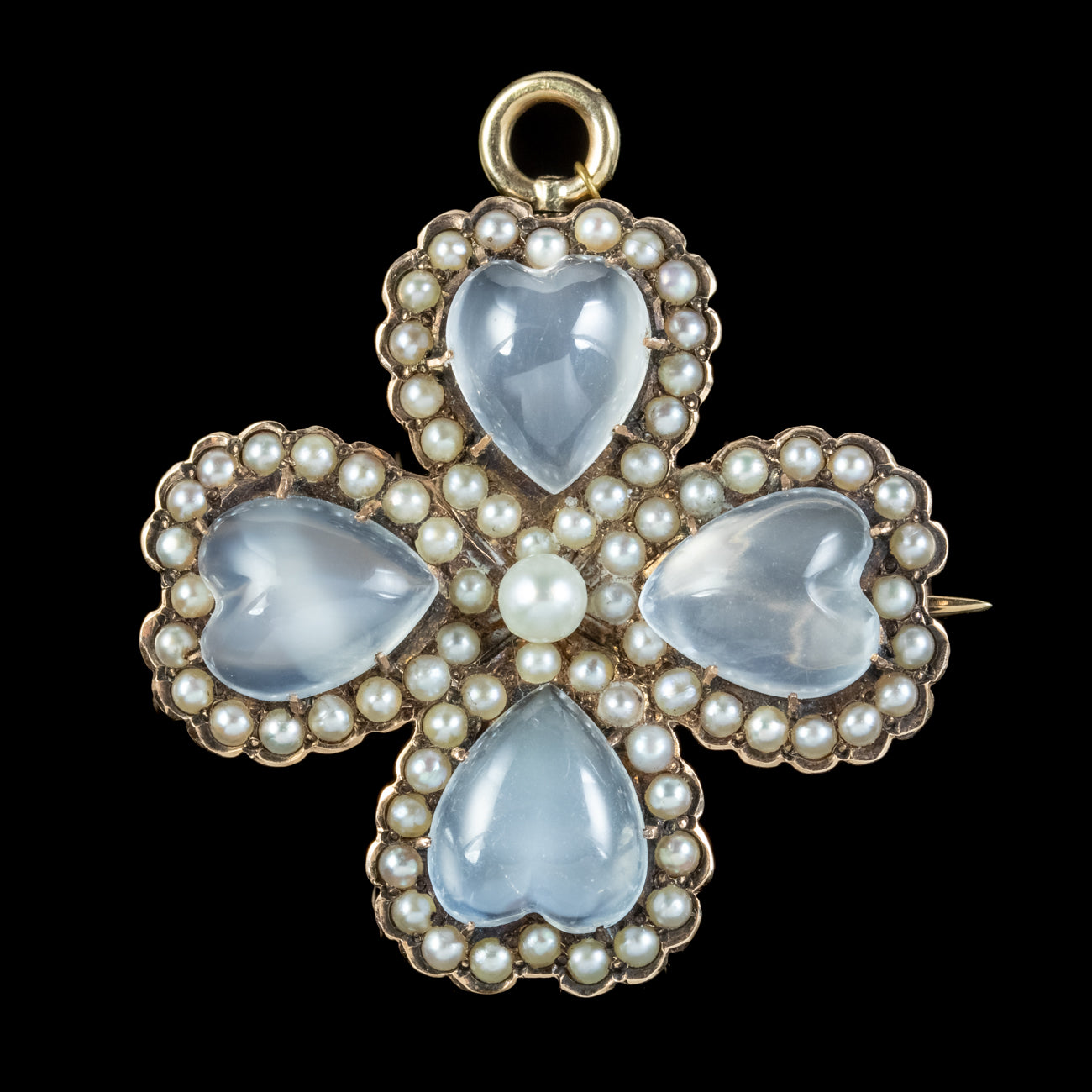 Antique Victorian Moonstone Pearl Heart Four Leaf Clover Brooch 15ct Gold Secondary image
