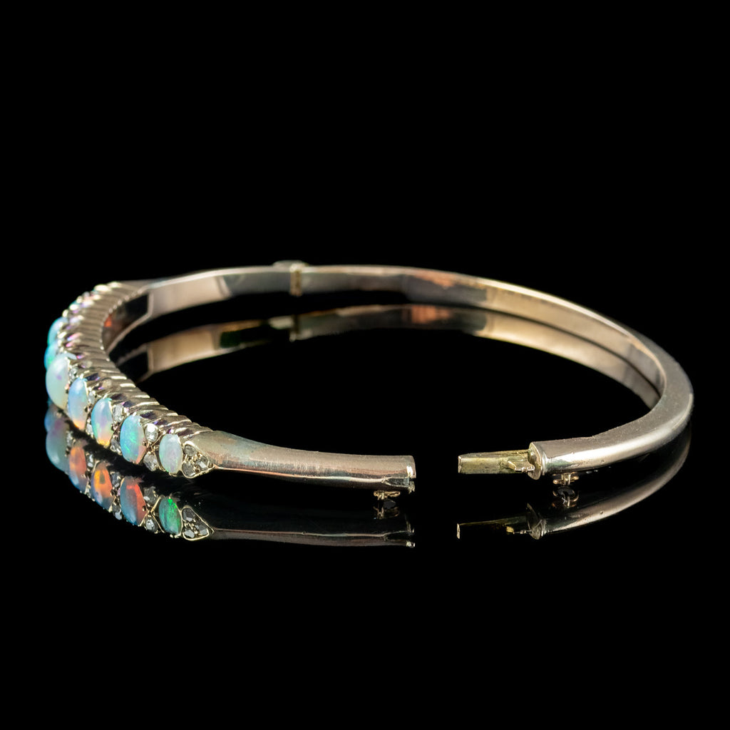Antique Victorian Opal Diamond Bangle 9ct Gold 2.6ct Of Opal 