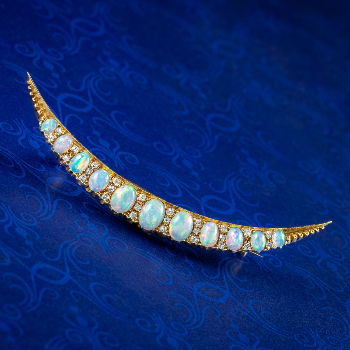 Antique Victorian Opal Diamond Crescent Moon Brooch 18ct Gold Main image