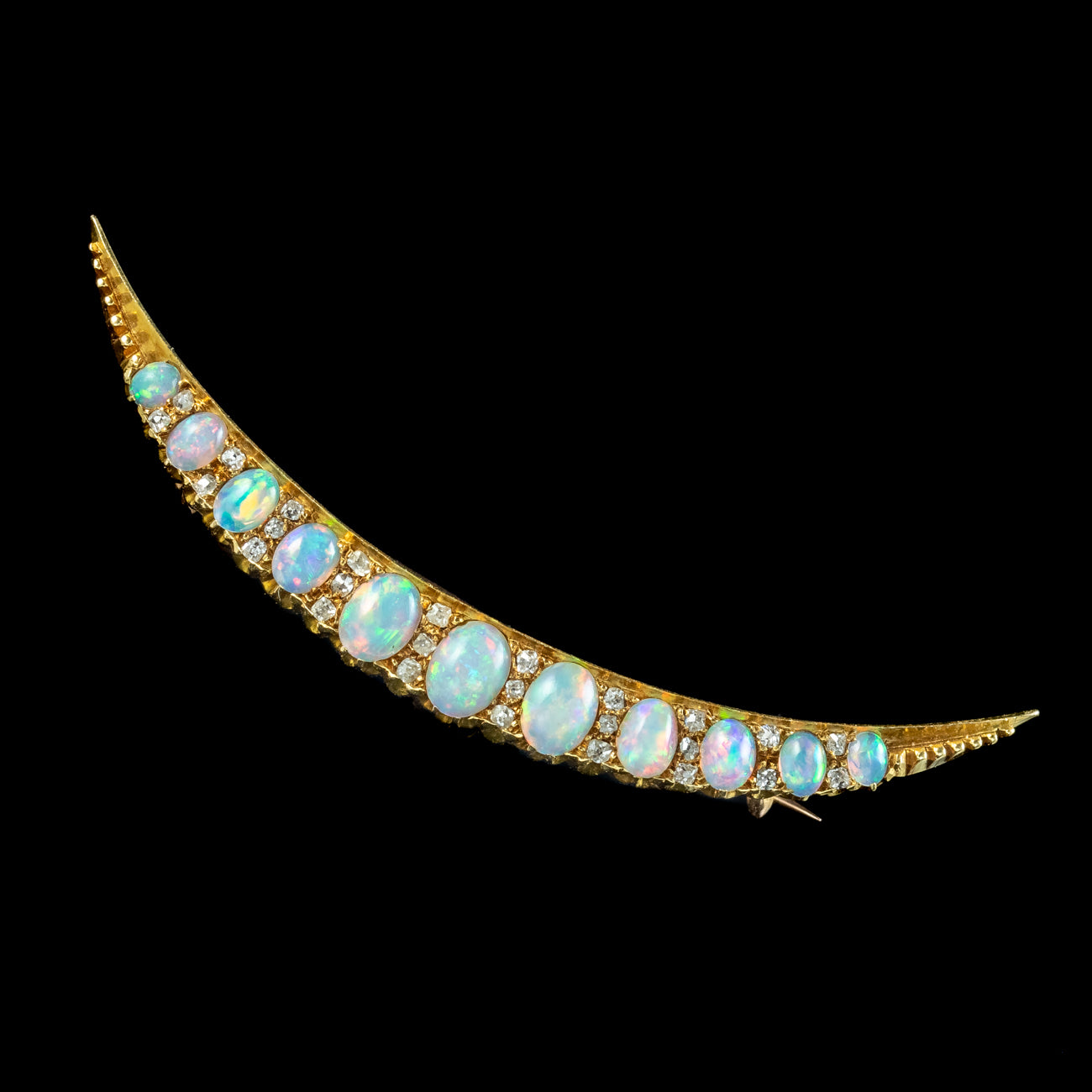 Antique Victorian Opal Diamond Crescent Moon Brooch 18ct Gold Secondary image