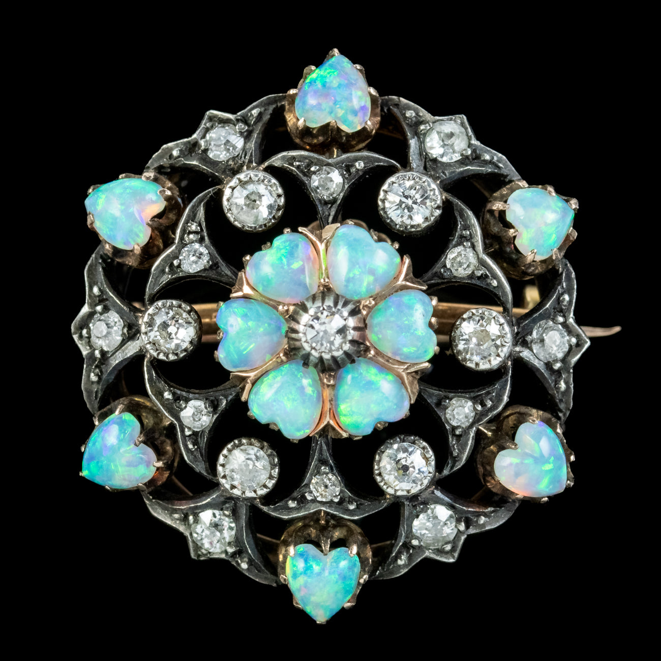 Antique Victorian Opal Heart Diamond Flower Brooch Silver 18ct Gold Secondary image