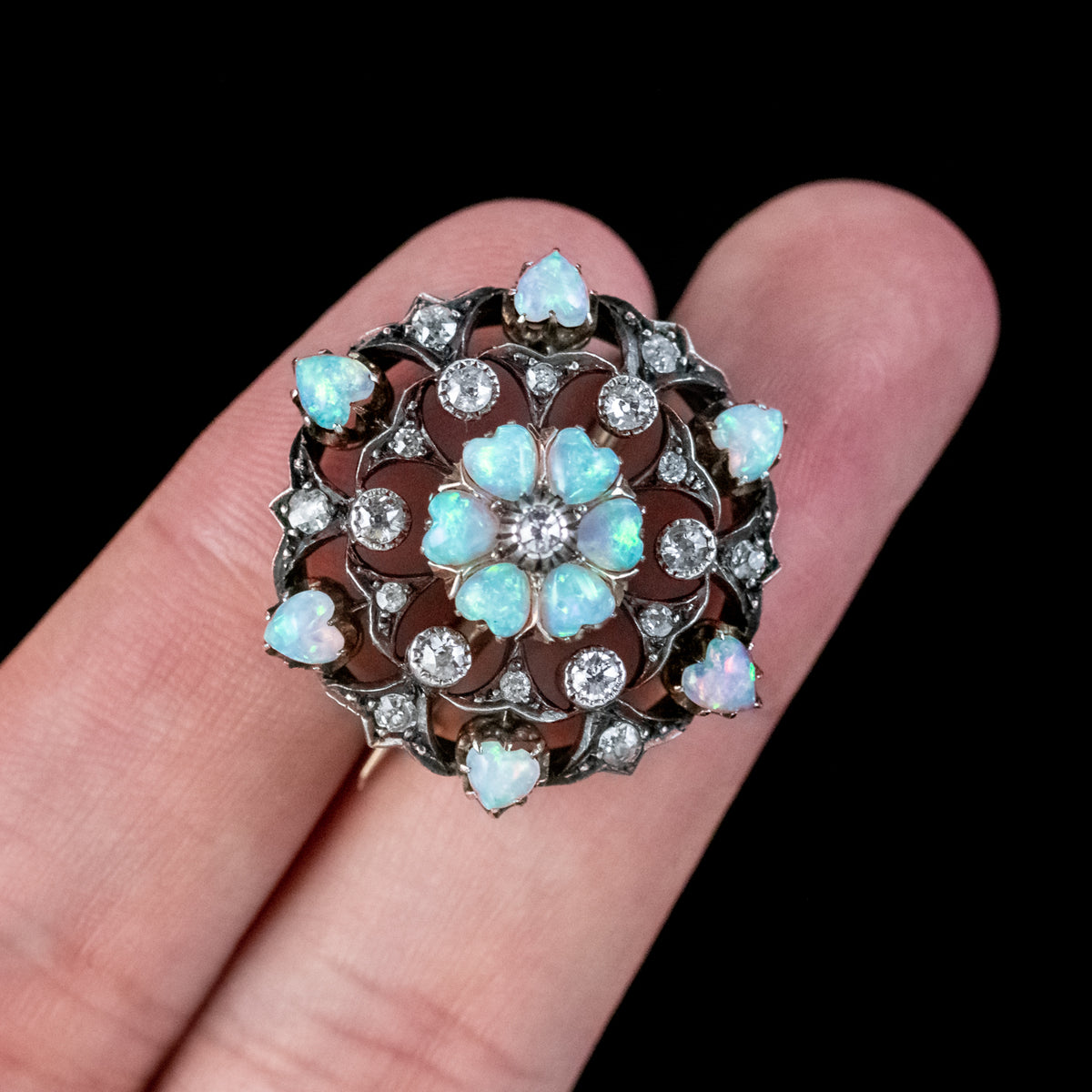 Antique Victorian Opal Heart Diamond Flower Brooch Silver 18ct Gold 