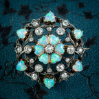 Antique Victorian Opal Heart Diamond Flower Brooch Silver 18ct Gold 