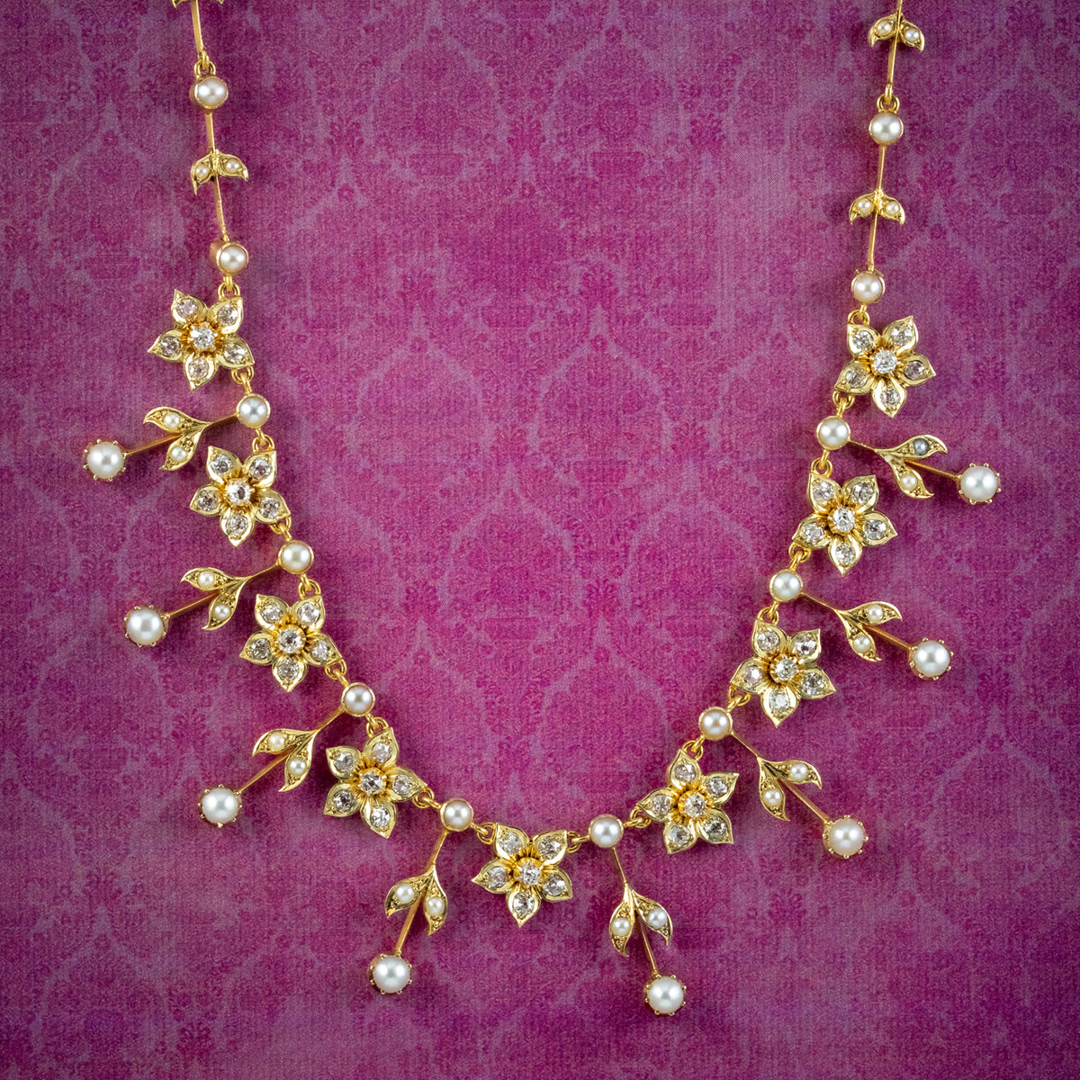 Antique Victorian Pearl Diamond Floral Necklace 18ct Gold With Box