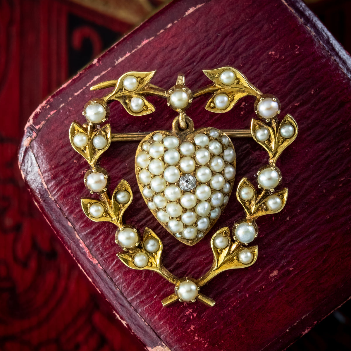 Antique Victorian Pearl Diamond Heart Brooch 15ct Gold With Locket 