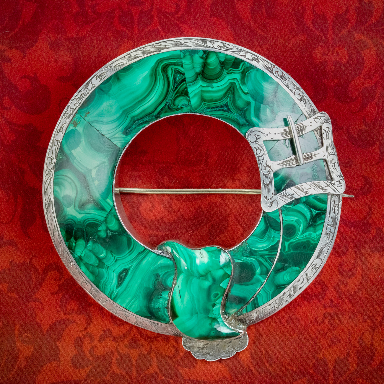 Antique Victorian Scottish Malachite Buckle Brooch Silver Main image