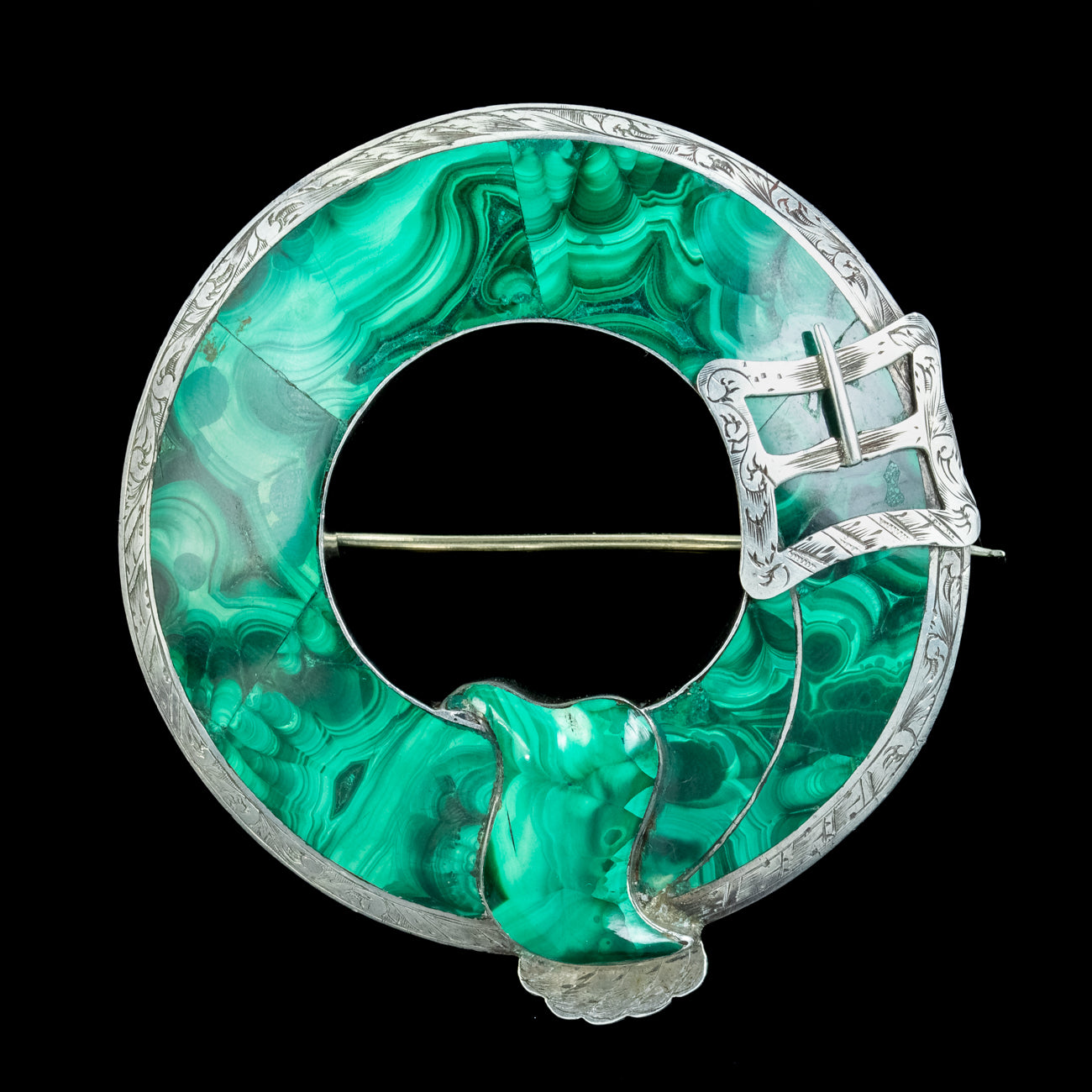 Antique Victorian Scottish Malachite Buckle Brooch Silver Secondary image