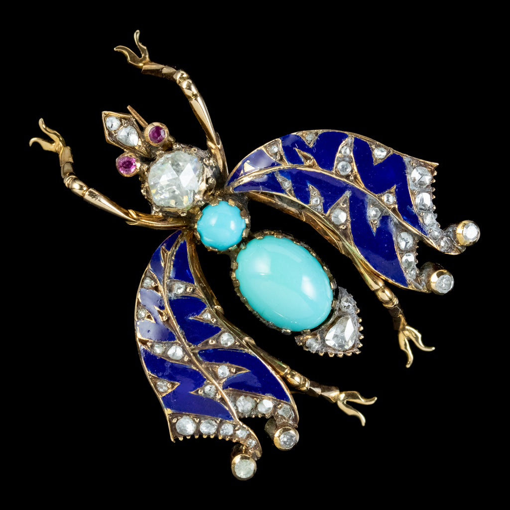 Antique Victorian Turquoise Diamond Enamel Insect Brooch Circa 1900