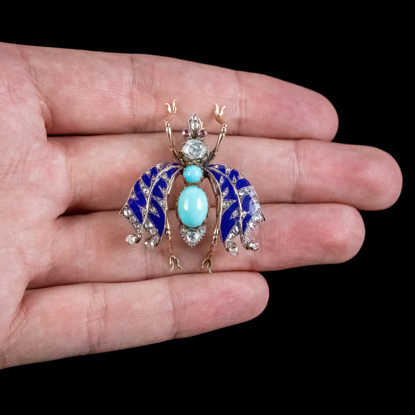 Antique Victorian Turquoise Diamond Enamel Insect Brooch Circa 1900