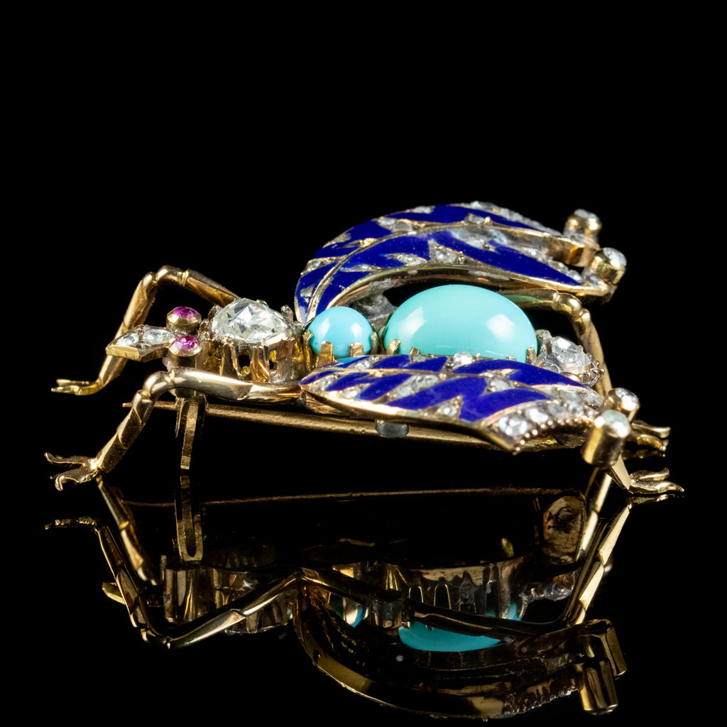 Antique Victorian Turquoise Diamond Enamel Insect Brooch Circa 1900