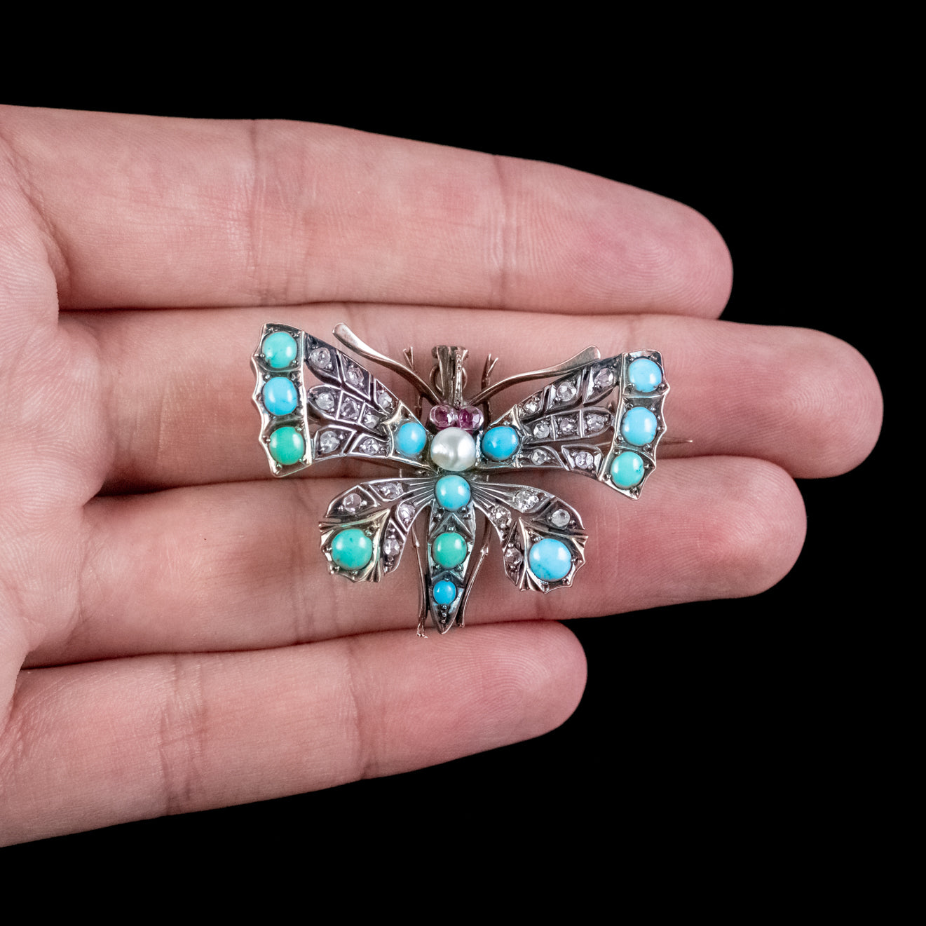 Antique Victorian Turquoise Diamond Pearl Butterfly Pendant Brooch Circa 1900
