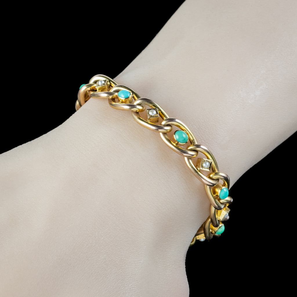 Antique Victorian Turquoise Pearl Curb Bracelet 9ct Gold