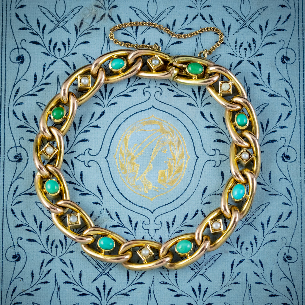 Antique Victorian Turquoise Pearl Curb Bracelet 9ct Gold