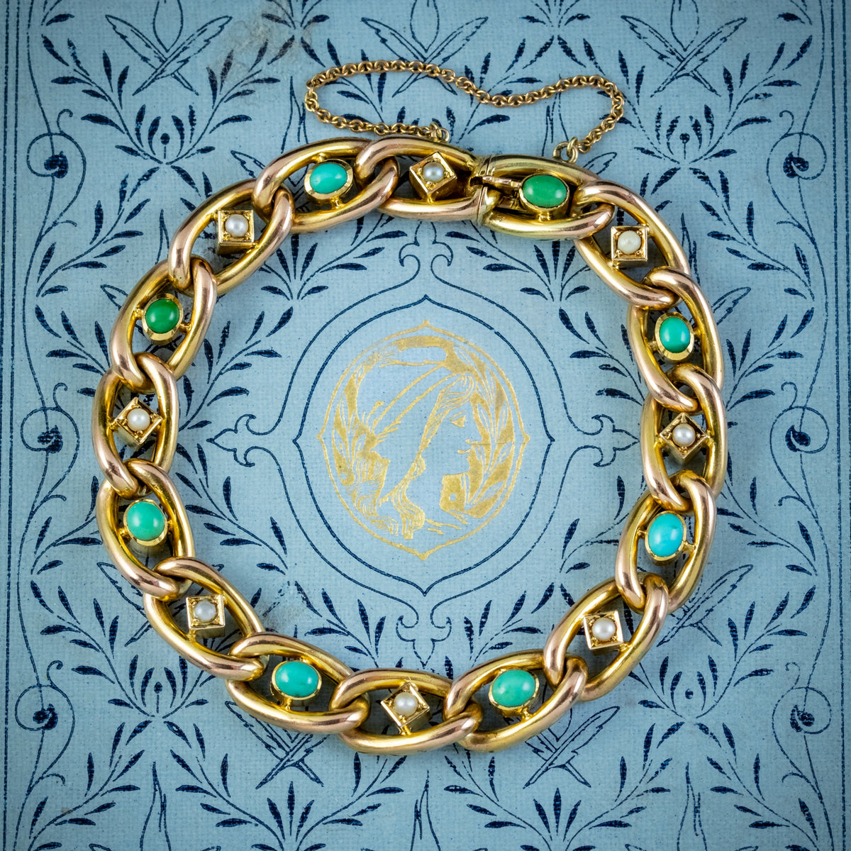 Antique Victorian Turquoise Pearl Curb Bracelet 9ct Gold
