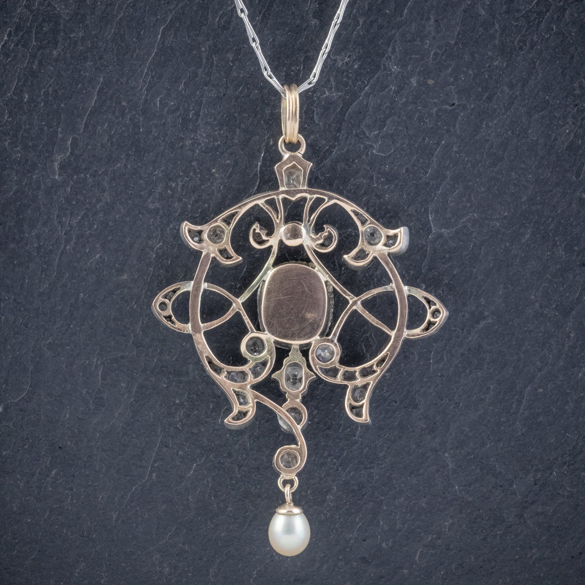 ANTIQUE EDWARDIAN 3.25CT SAPPHIRE DIAMOND PENDANT NECKLACE PLATINUM 18CT GOLD CIRCA 1905 BACK