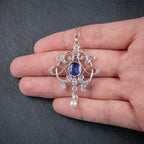 ANTIQUE EDWARDIAN 3.25CT SAPPHIRE DIAMOND PENDANT NECKLACE PLATINUM 18CT GOLD CIRCA 1905 HAND