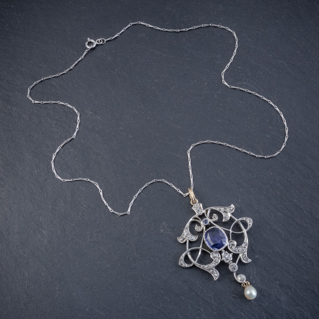 ANTIQUE EDWARDIAN 3.25CT SAPPHIRE DIAMOND PENDANT NECKLACE PLATINUM 18CT GOLD CIRCA 1905 TOP