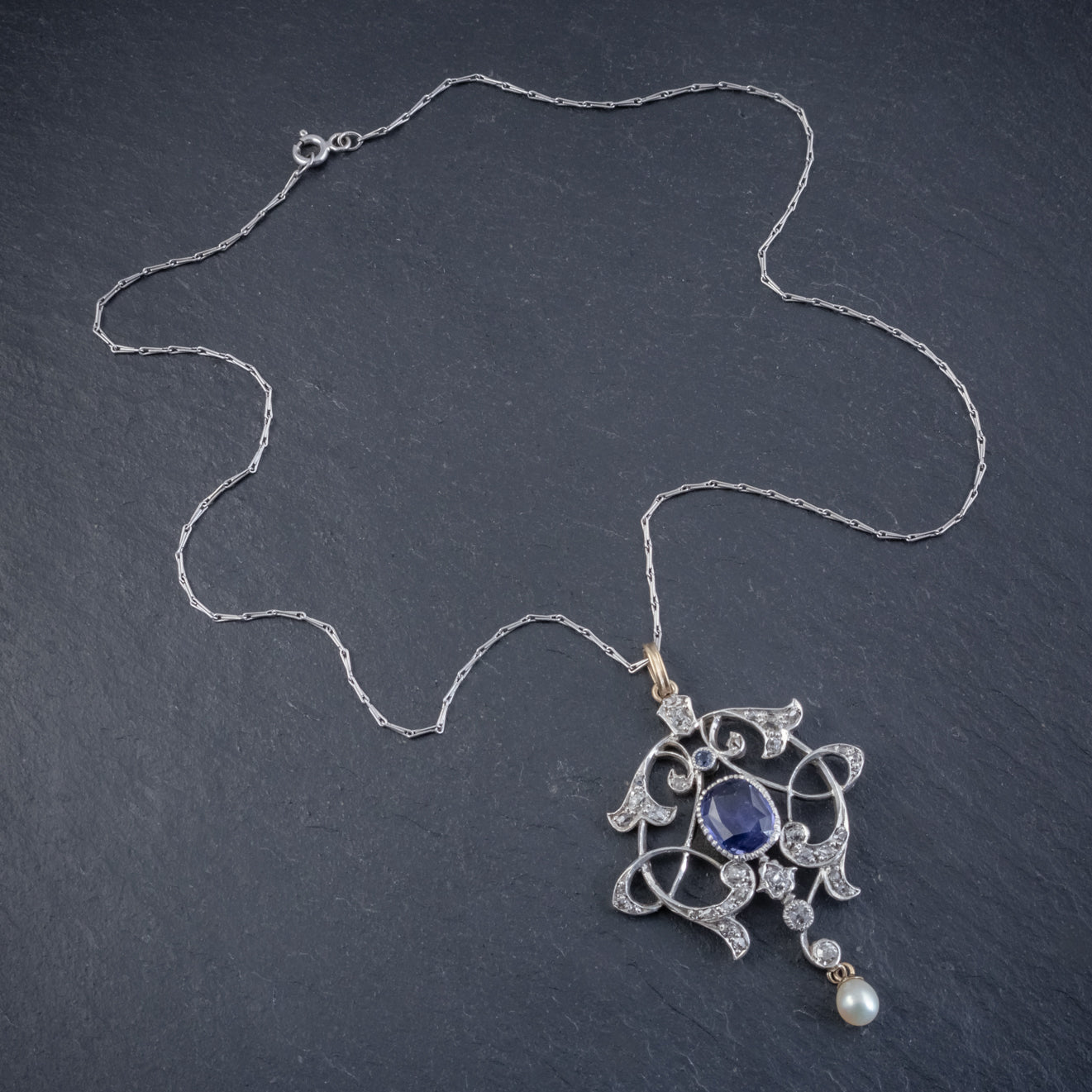 ANTIQUE EDWARDIAN 3.25CT SAPPHIRE DIAMOND PENDANT NECKLACE PLATINUM 18CT GOLD CIRCA 1905 TOP