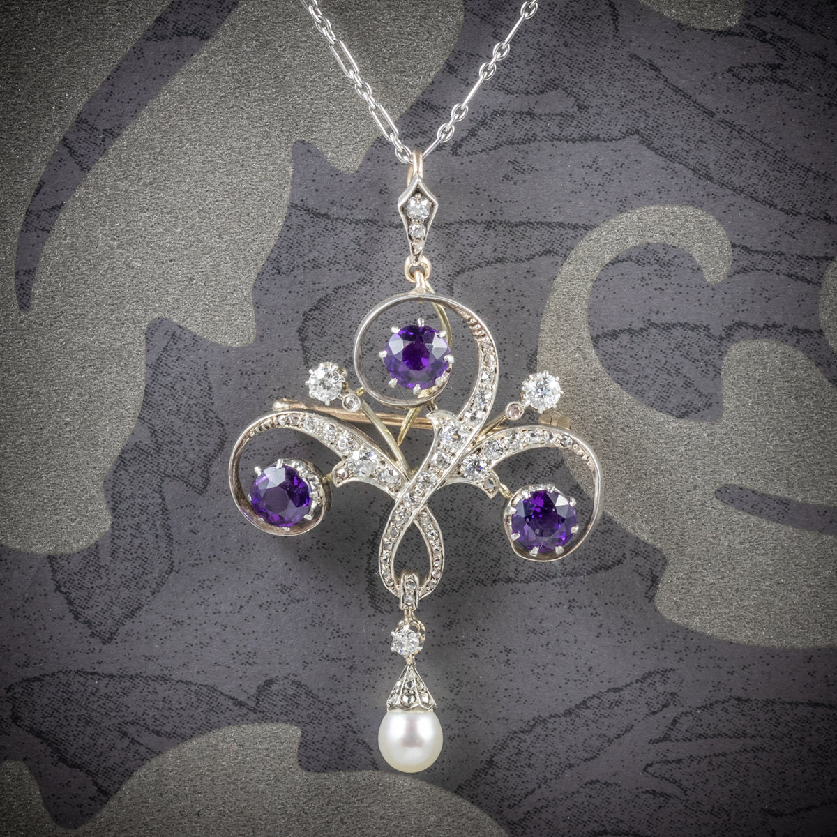 Antique Edwardian Amethyst Pendant Necklace Diamond Platinum Brooch Circa 1910 COVER Main image