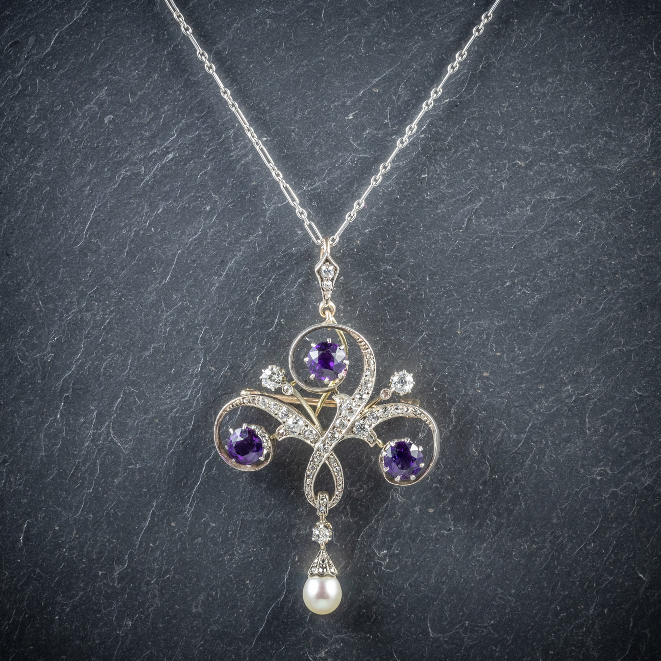 Antique Edwardian Amethyst Diamond Pendant Necklace Circa 1910 Secondary image