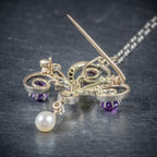 Antique Edwardian Amethyst Pendant Necklace Diamond Platinum Brooch Circa 1910 PIN UP