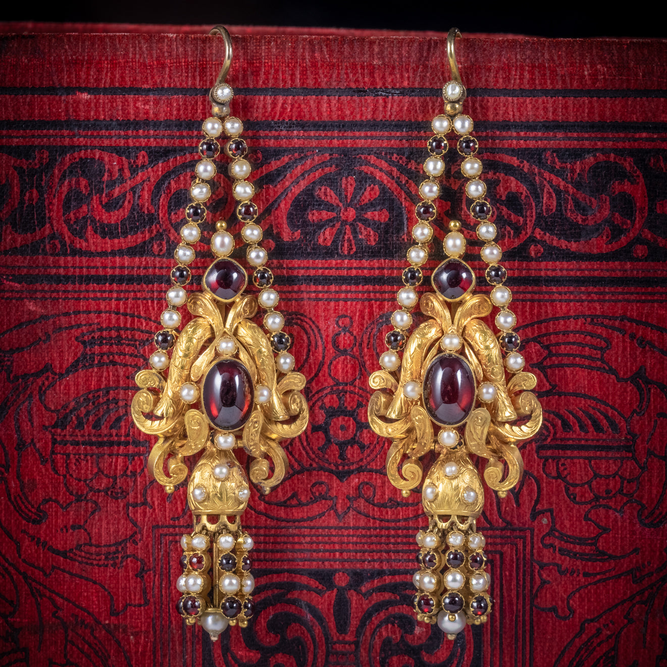 Antique Georgian Garnet Pearl Drop Earrings 18ct Gold Circa 1800 COVER Main image