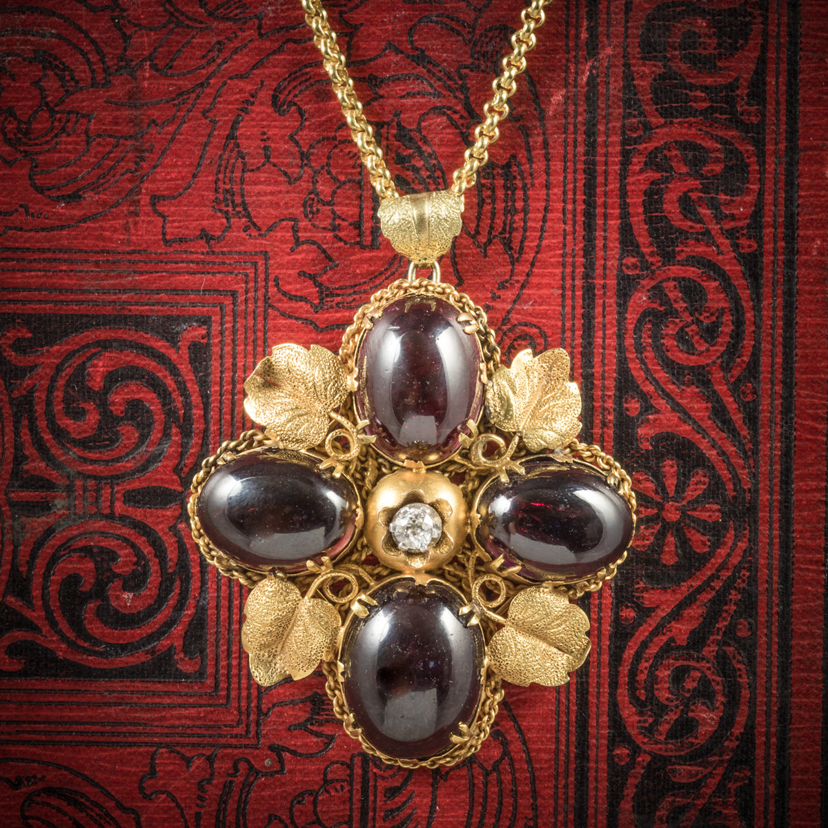 Antique Victorian Garnet Diamond Pendant Necklace 18ct Gold Circa 1900 COVER Main image