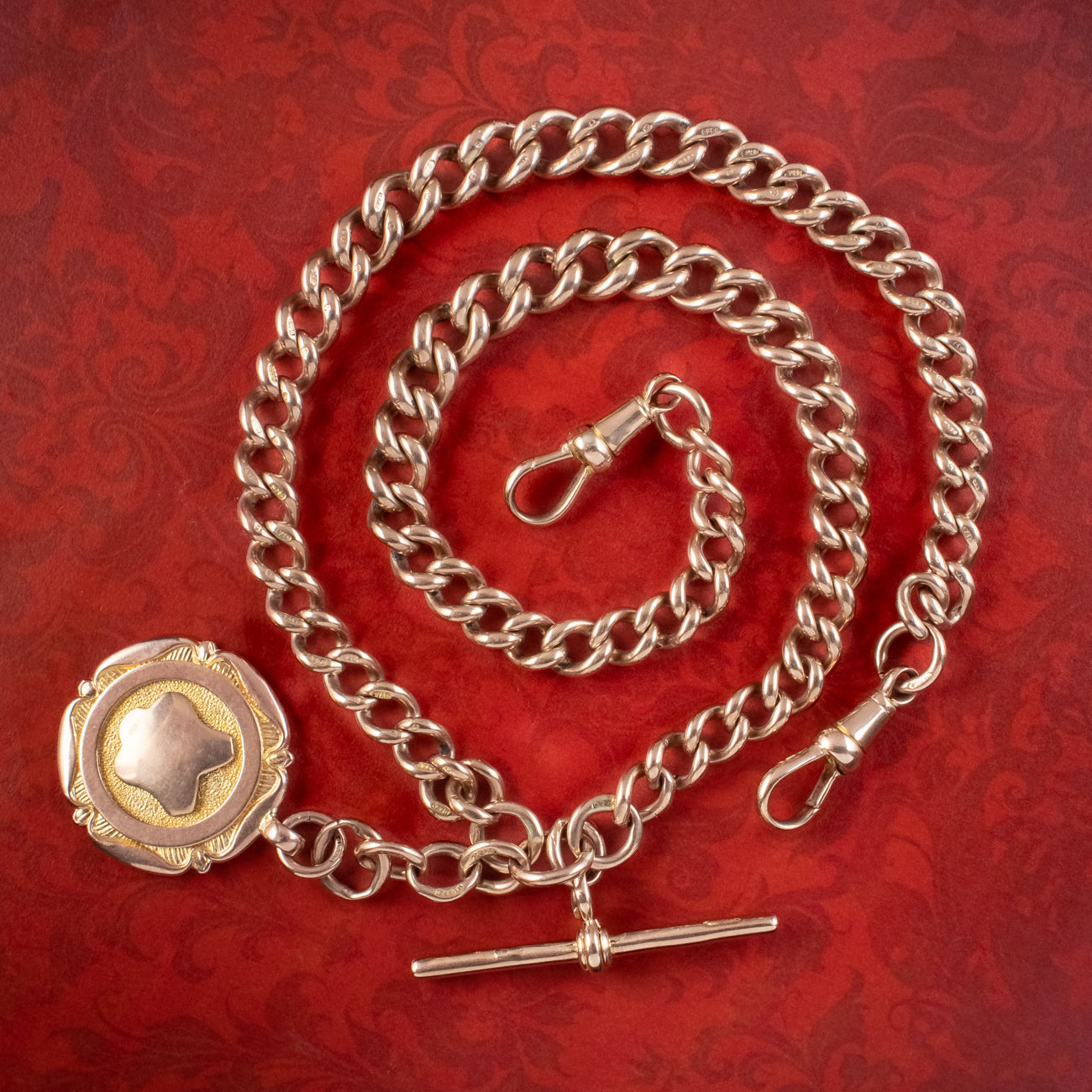 Art Deco 9ct Rose Gold Albert Chain With Medallion Dated 1930 Main image