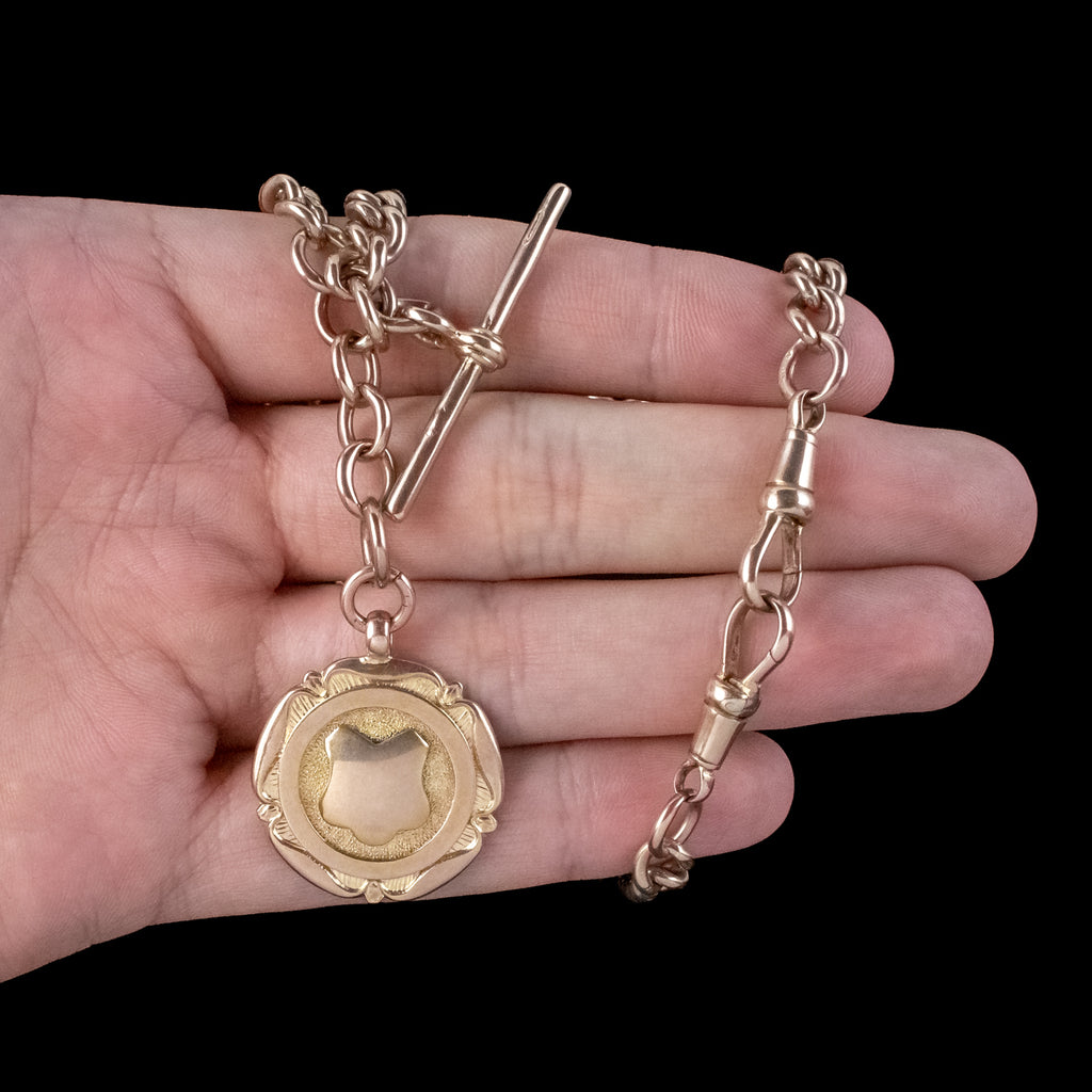 Art Deco 9ct Rose Gold Albert Chain With Medallion Dated 1930