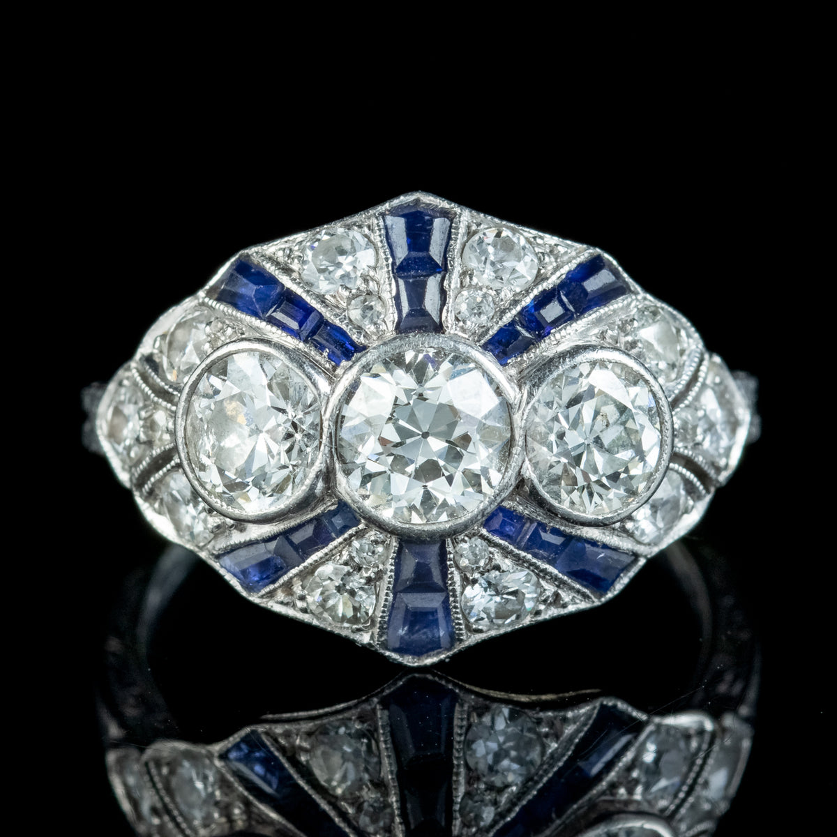 Art Deco Sapphire Diamond Cluster Ring 2ct Of Diamond