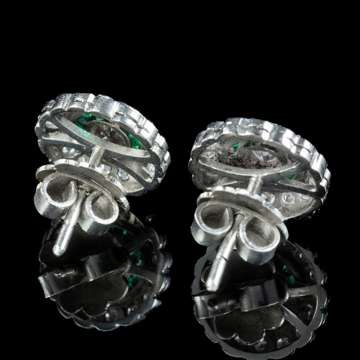 Art Deco Style Diamond Emerald Target Stud Earrings Platinum