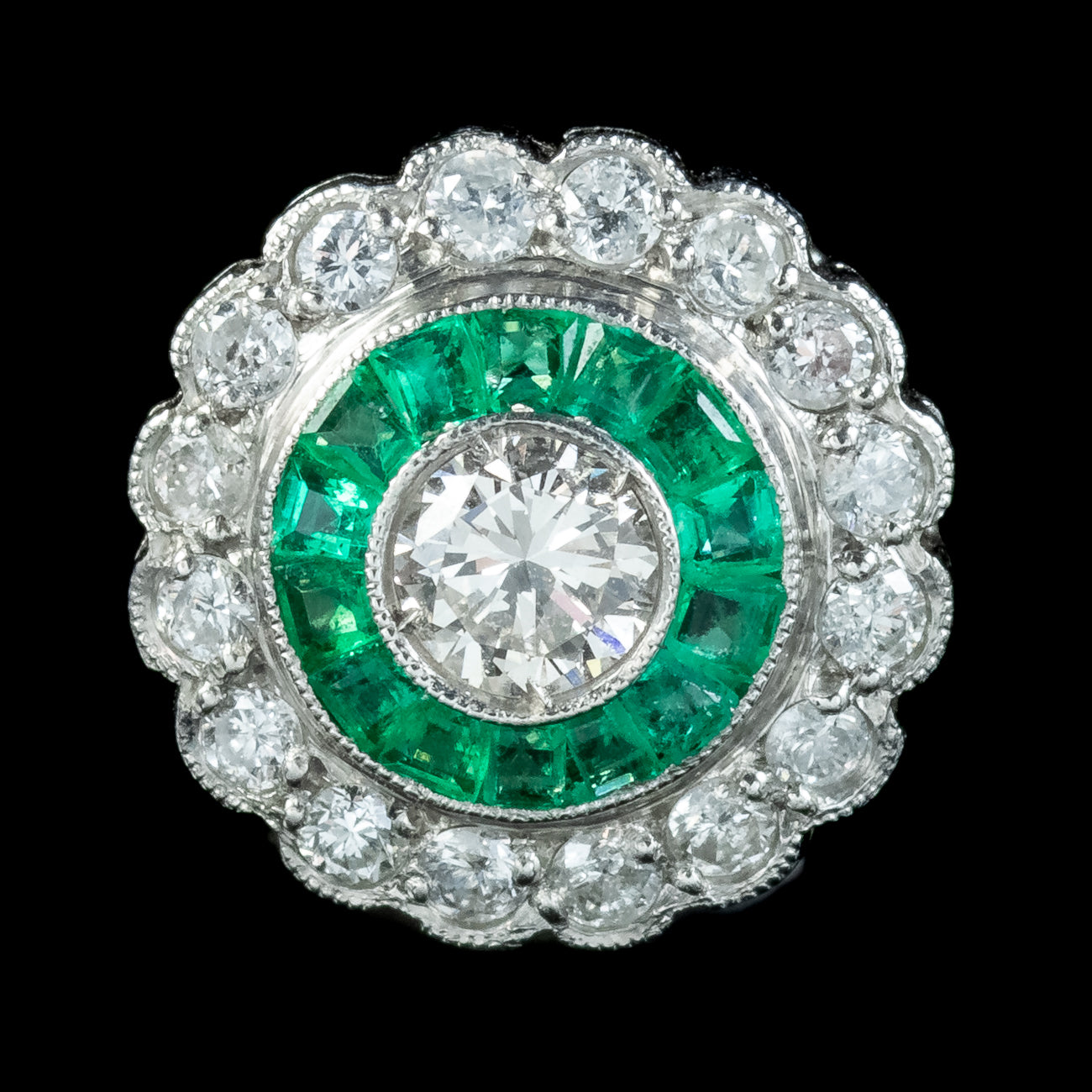 Art Deco Style Diamond Emerald Target Stud Earrings Platinum