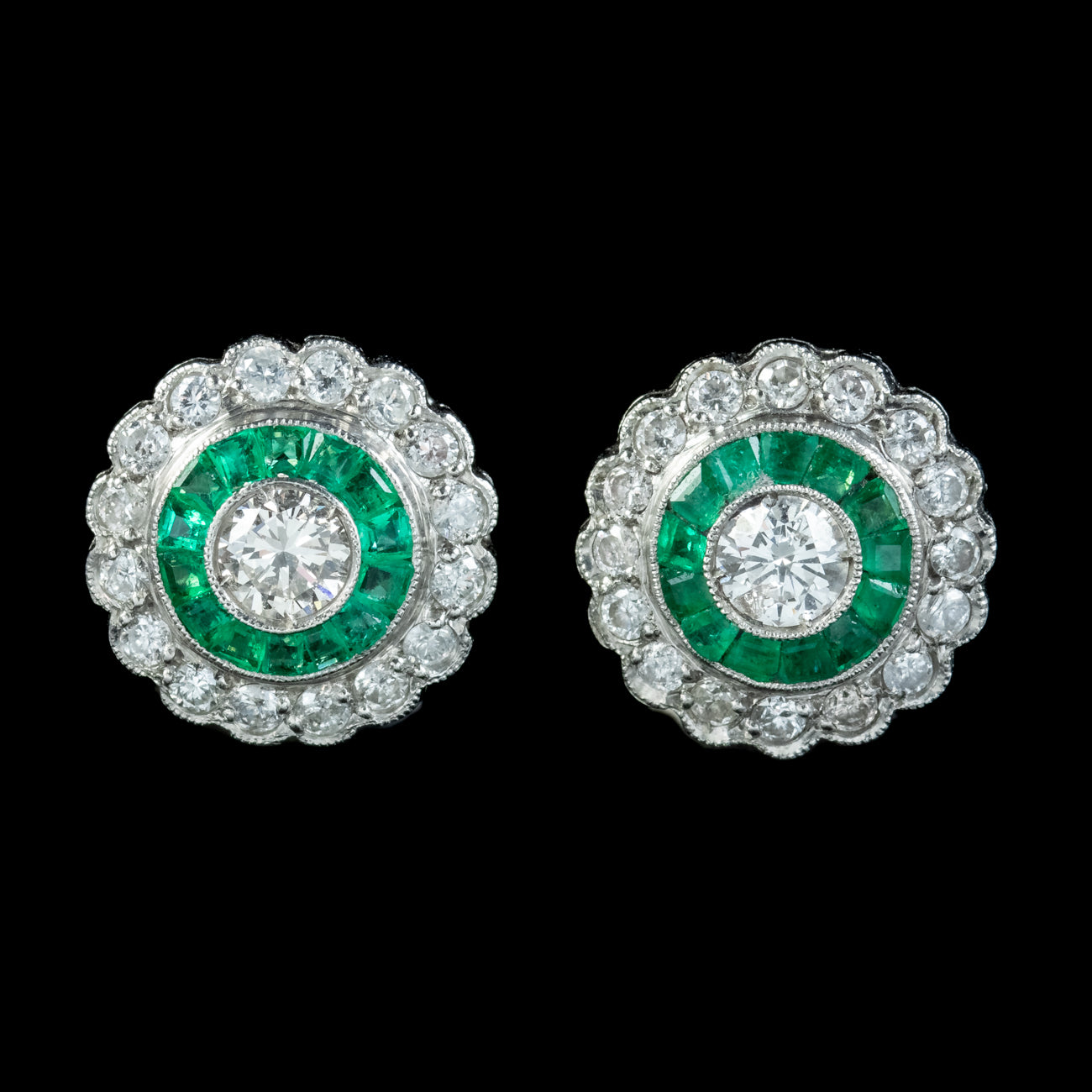 Art Deco Style Diamond Emerald Target Stud Earrings Platinum Secondary image