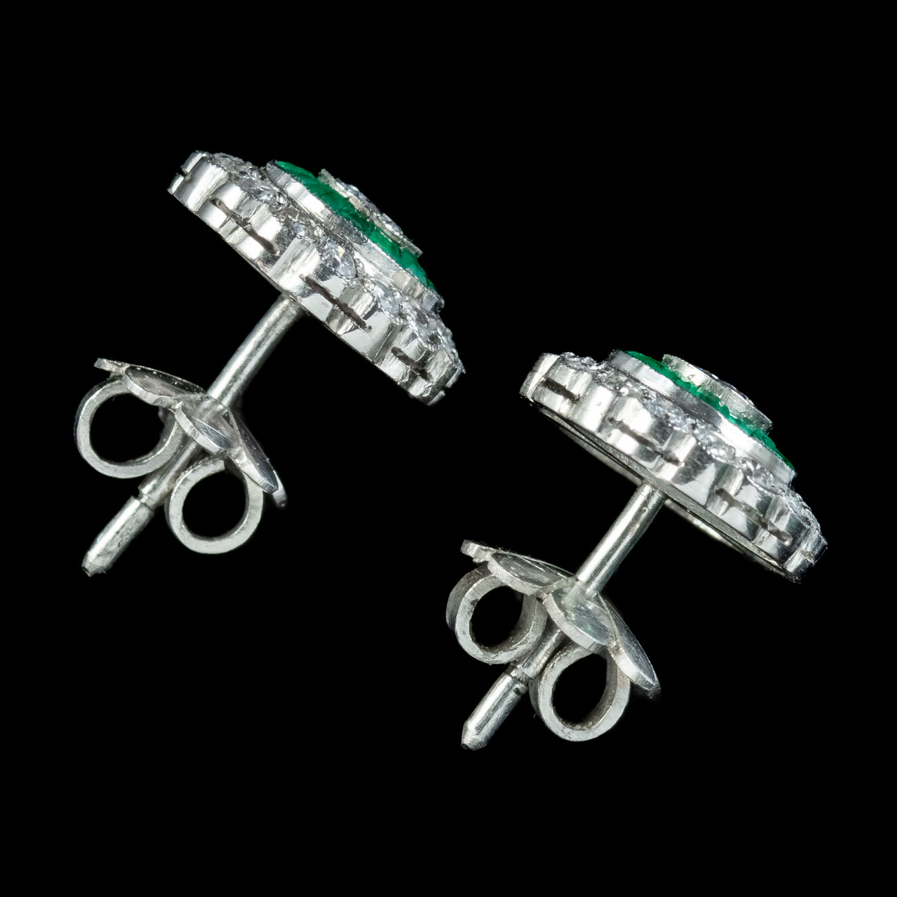 Art Deco Style Diamond Emerald Target Stud Earrings Platinum