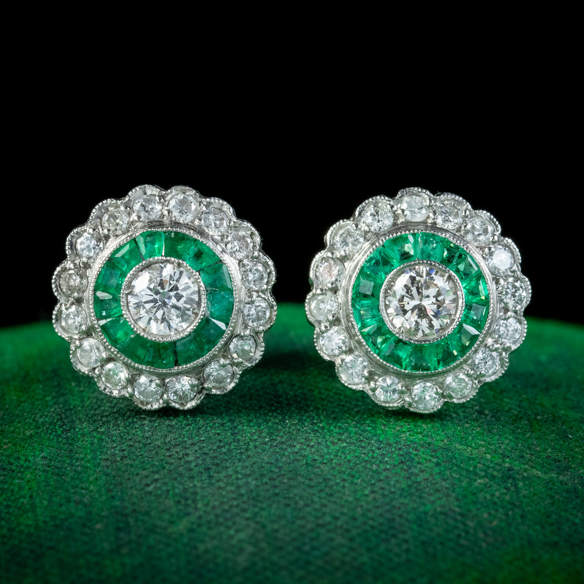 Art Deco Style Diamond Emerald Target Stud Earrings Platinum