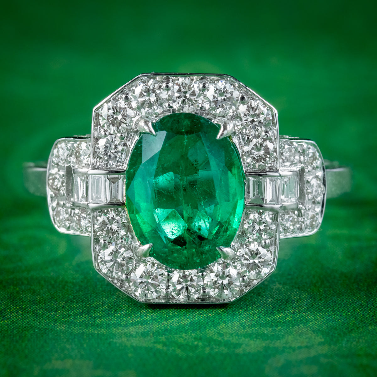 Art Deco Style Emerald Diamond Cluster Ring 1.80ct Emerald  Main image
