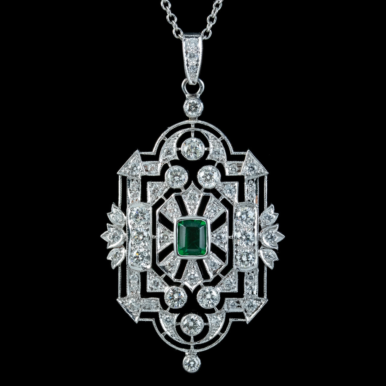 Art Deco Style Emerald Diamond Pendant Necklace 18ct Gold 4ct Of Diamond Secondary image