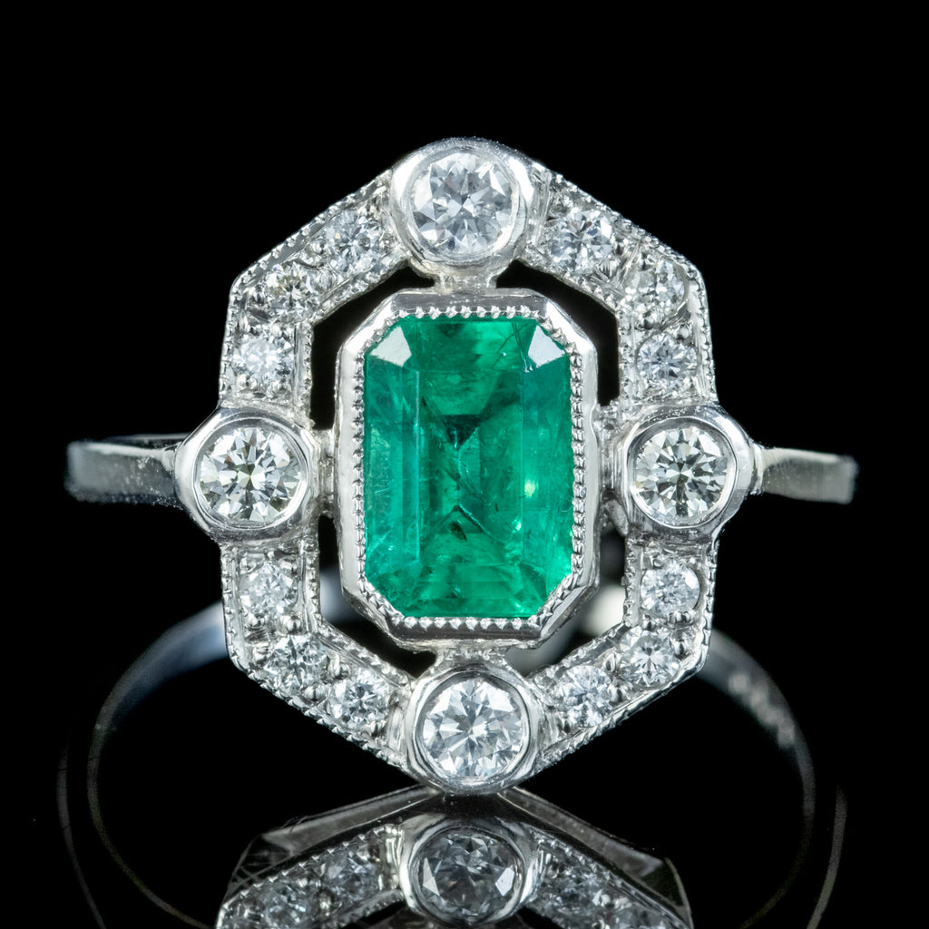 Art Deco Style Emerald Diamond Ring 1.20ct Emerald 