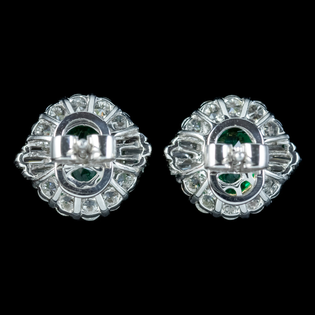 Art Deco Style Emerald Diamond Stud Earrings 18ct Gold