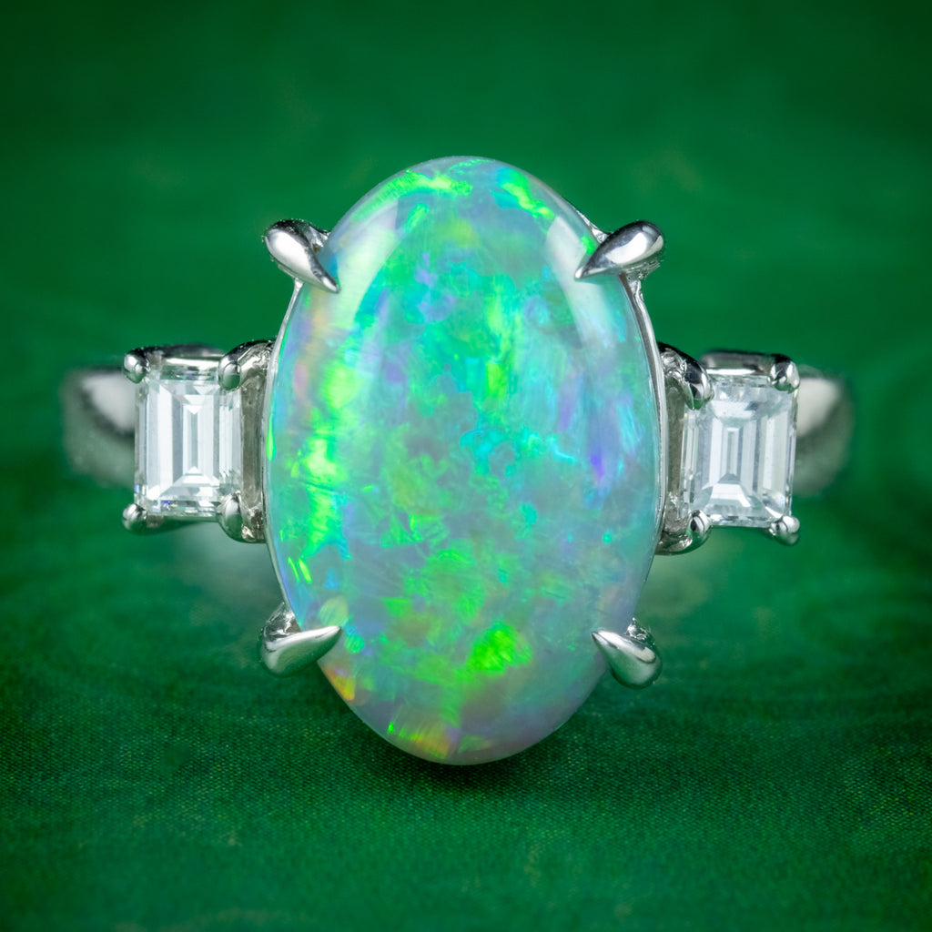 Art Deco Style Opal Diamond Trilogy Ring 4.64ct Natural Opal 