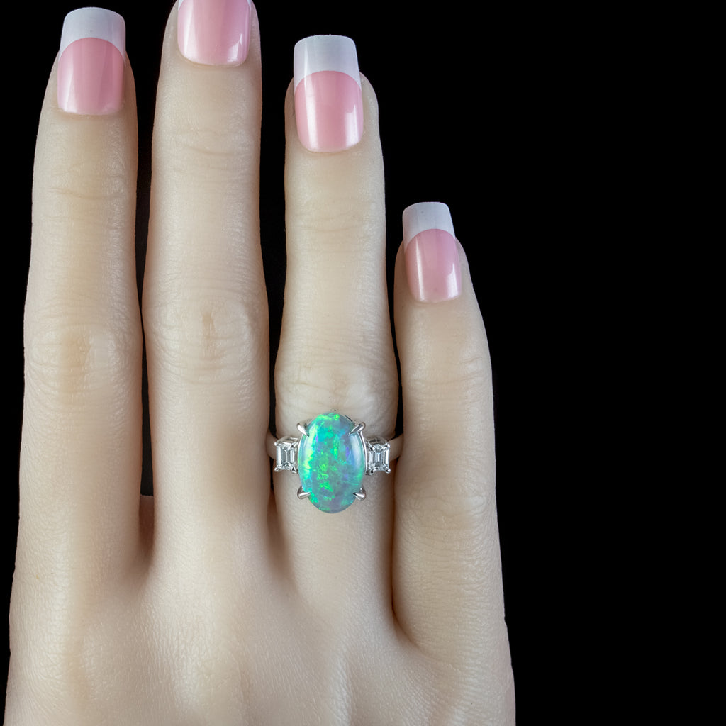 Art Deco Style Opal Diamond Trilogy Ring 4.64ct Natural Opal 