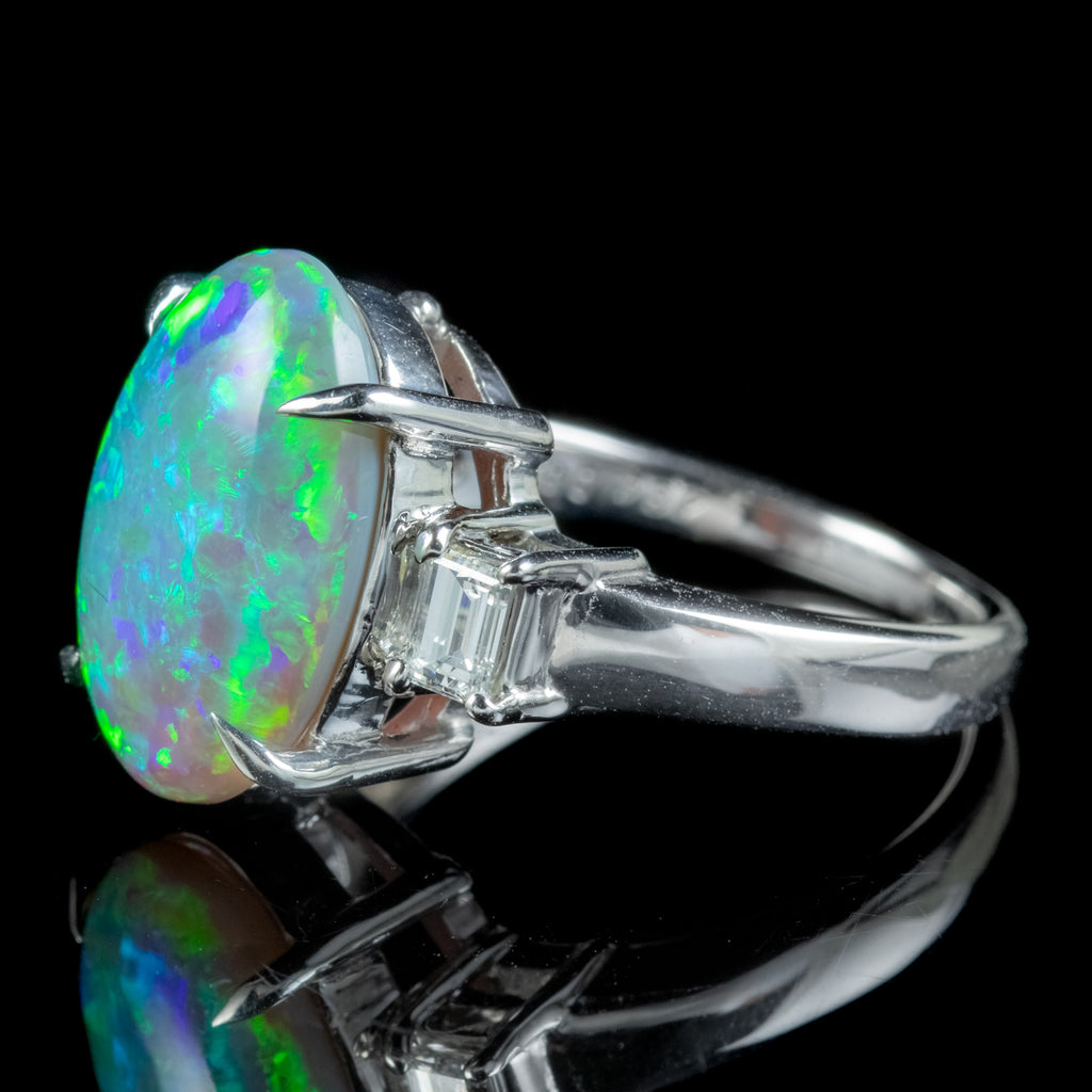 Art Deco Style Opal Diamond Trilogy Ring 4.64ct Natural Opal 