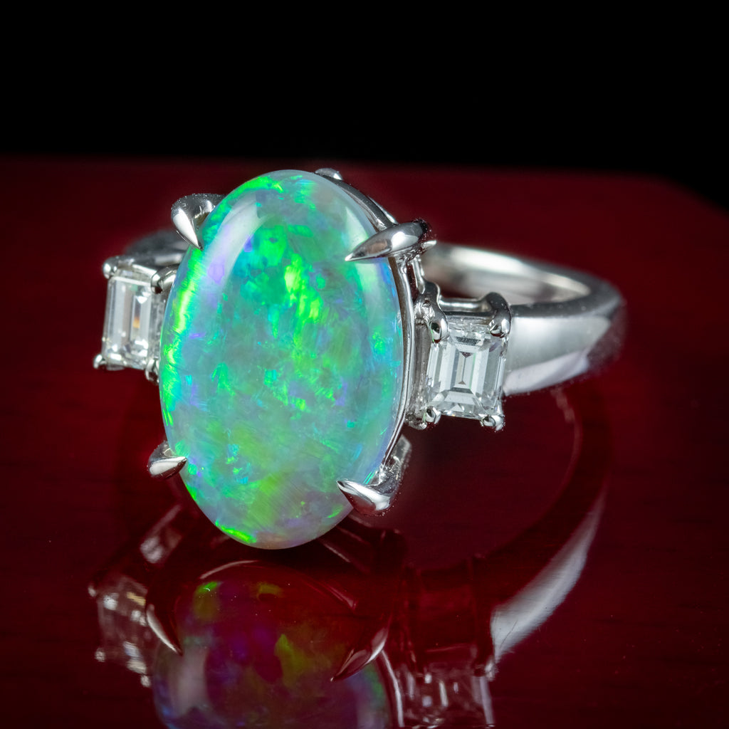 Art Deco Style Opal Diamond Trilogy Ring 4.64ct Natural Opal 