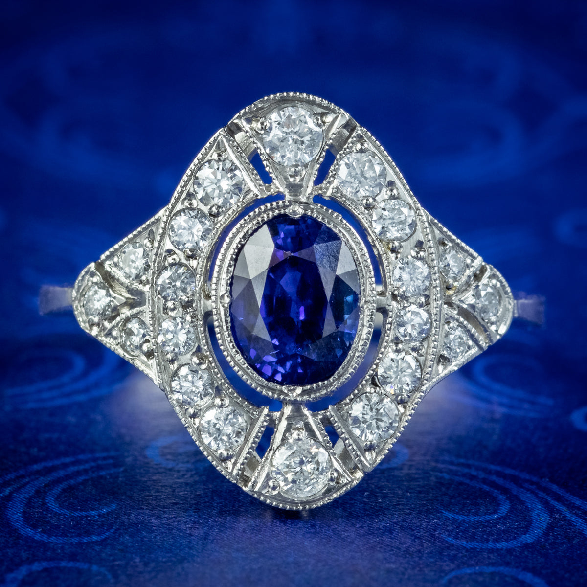 Art Deco Style Sapphire Diamond Cluster Ring 0.80ct Sapphire Main image