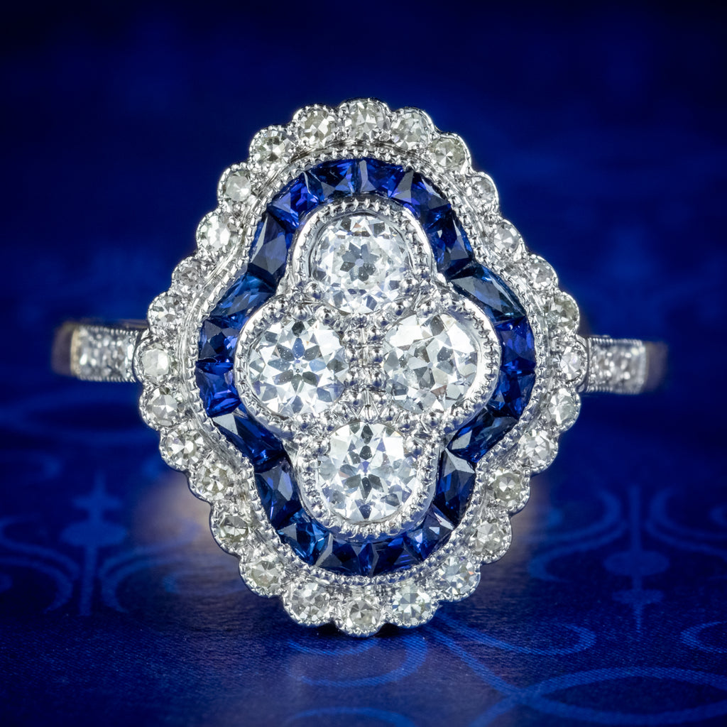 Art Deco Style Sapphire Diamond Cluster Ring 1.30ct Of Diamond