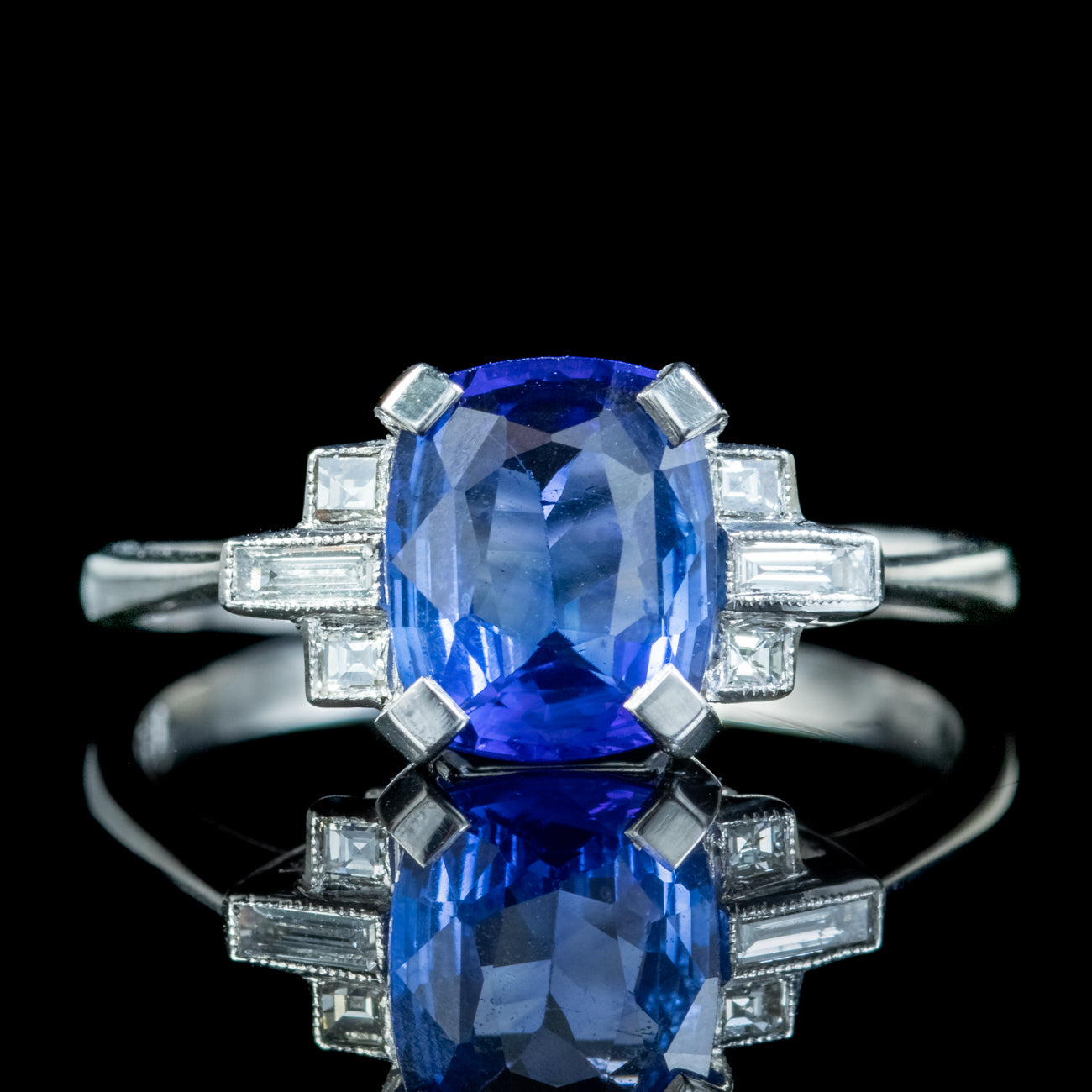 Art Deco Style Sapphire Diamond Ring 1.70ct Blue Sapphire Secondary image