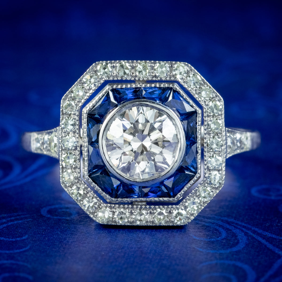 Art Deco Style Sapphire Diamond Target Cluster Ring 1.50ct Of Diamond Main image