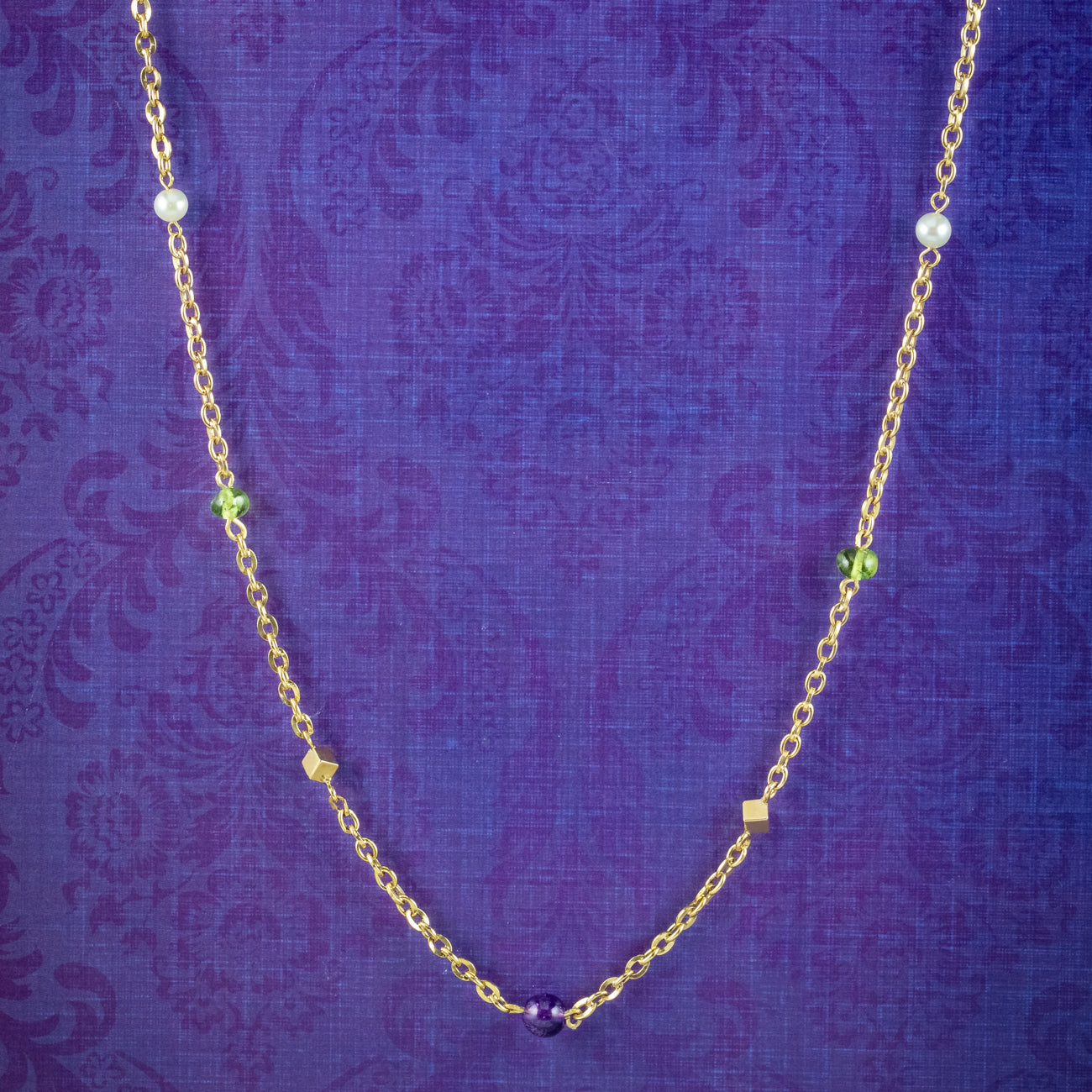 Art Deco Suffragette Chain 15ct Gold Amethyst Pearl Peridot Main image